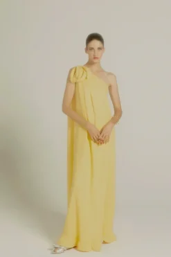 Banana One Shoulder Long Dress with Bananas Detail