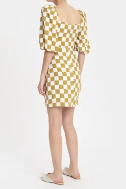 Carre Vintage Puff-Sleeved Short Dress With Knot