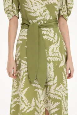 Classic Foliage Silk Midi Dress With Sash