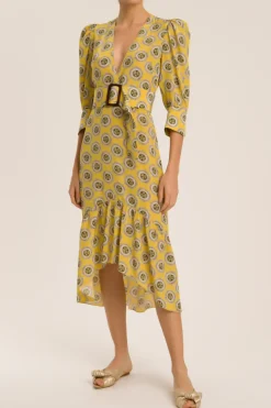 Exotic Passion Puff-Sleeved Silk Midi Dress With Belt