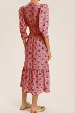 Exotic Passion Puff-Sleeved Silk Midi Dress With Belt