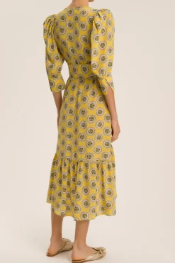 Exotic Passion Puff-Sleeved Silk Midi Dress With Belt
