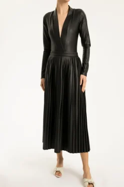 Faux Leather Pleated Midi Skirt