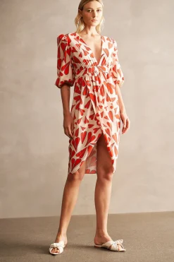 Hearts Puff-Sleeved Midi Dress