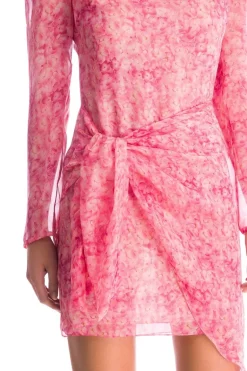 Hydrangea Puff-Sleeved Print Short Dress With Knot