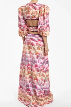 Lipstick Puff-Sleeved Long Dress With Bows