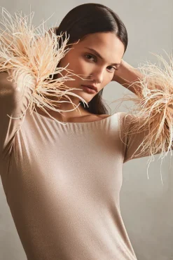 Metallic Off-The-Shoulder Short Dress With Feathers