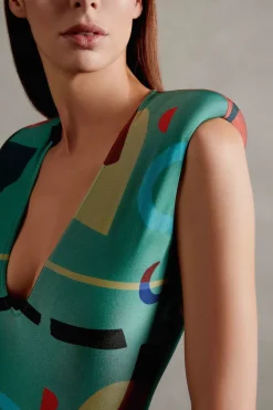 Modernism Shoulder-Pad High-Leg Swimsuit