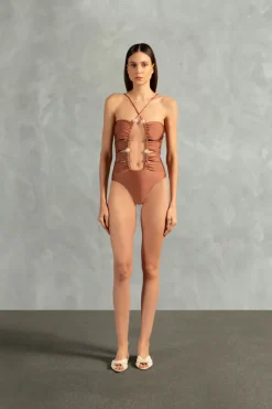 Oysters Solid Cut-Out Swimsuit With Pearls