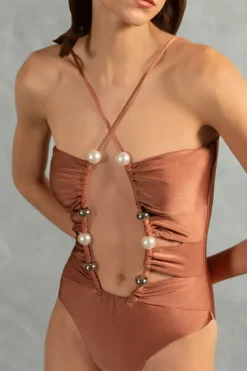 Oysters Solid Cut-Out Swimsuit With Pearls