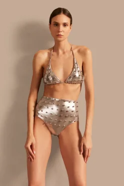 Oysters Solid High-Waisted Bikini With Pearls