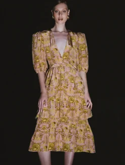 Seashell Puff-sleeved Ruffled Midi Dress