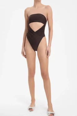 Solid Dark Brown High-Leg Strapless Swimsuit