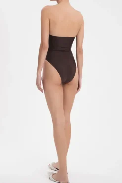 Solid Dark Brown High-Leg Strapless Swimsuit