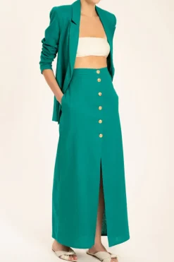 Solid Long Buttoned Skirt With Front Slit