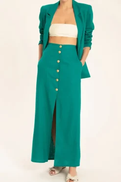 Solid Long Buttoned Skirt With Front Slit
