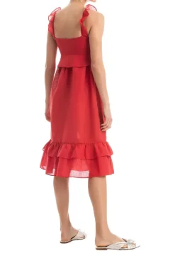 Solid Ruffled Midi Dress With Straps