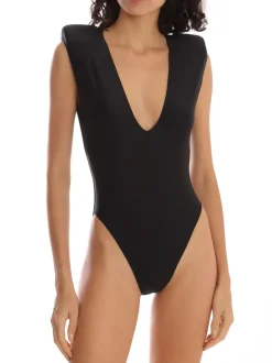 Solid Shoulder-Pad High-Leg Swimsuit