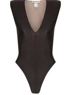 Solid Shoulder-Pad High-Leg Swimsuit