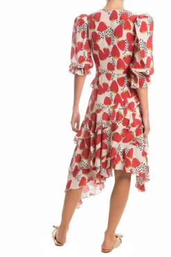 Strawberry Asymmetric Midi Dress With Ruffles