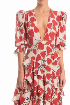 Strawberry Asymmetric Midi Dress With Ruffles