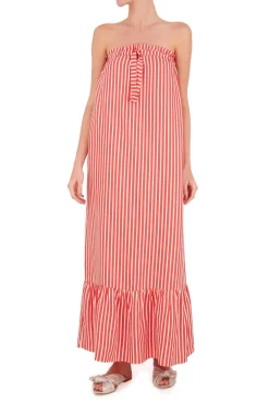 Striped Strapless Midi Dress With Ruffles