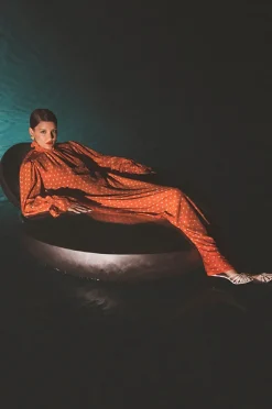 Tangerine Pois Lastex Detail Long Dress