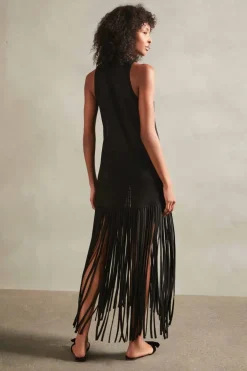 Tricot Knit Long Dress with Fringes