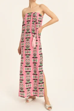 Twisted Flower Strapless Long Dress With Feathers