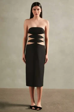 Vintage Orchid Solid Strapless Cut-Out Midi Dress